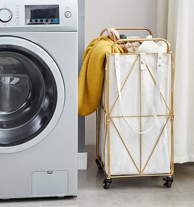 Mxfurhawa Iron Wire Laundry Hamper With Rolling Lockable Wheels, FoldinLaundry Storage Basket with Handles,Detachable Liner Collapsible Dirty Laundry Cart Sorter Clothes Basket Organizer (81-Gold)