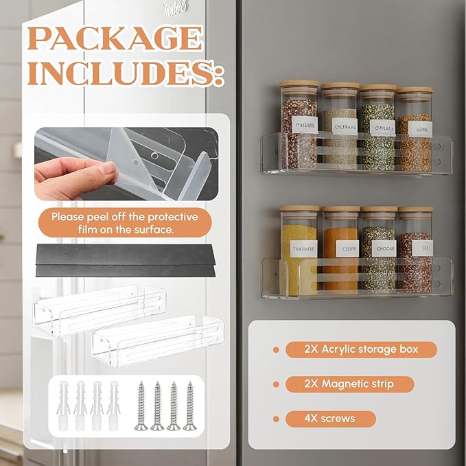 Novabright 2 Pack Magnetic Acrylic Spice Rack for Refrigerator Magnetic Fridge Shelf Storage Holder 11.8 Inch Clear Spice Seasoning Organizer for Cabinet Door, Cupboard or Wall Kitchen