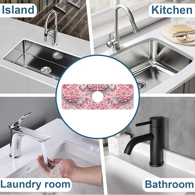 Pink Floral Sink Faucet Absorbing Mat Flower Butterfly Super Absorbent Fast Drying Mat Sink Gadgets Behind Faucet Sinkmat for Kitchen Bathroom, 15.5"x5.5"