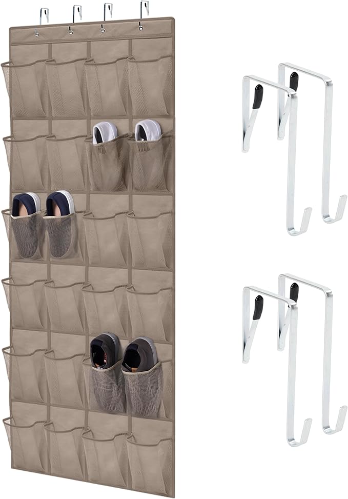 HOME GENIE Over the Door Hanging Shoe Organizer, 24 Breathable Mesh Pockets, Closet Rack Storage Holder, Stay in Place Hooks Hang on Closets, Hanger Holds Up to 40 lbs for Shoes, Accessories, Beige