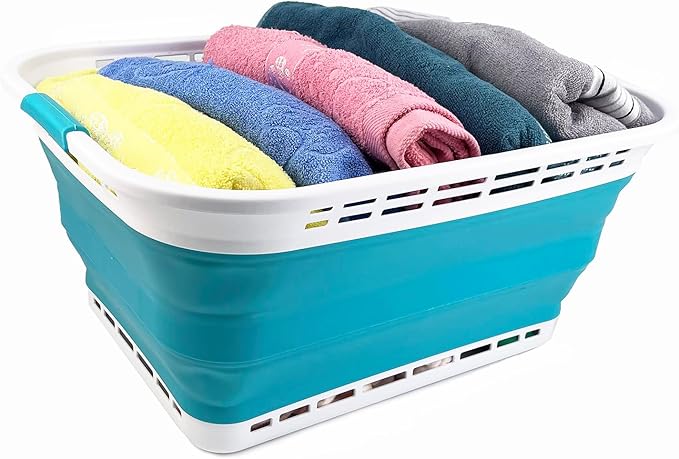 SAMMART 42L (11 Gallons) Collapsible Plastic Laundry Basket - Foldable Pop Up Storage Container/Organizer - Portable Washing Tub - Space Saving Hamper/Basket (White/Ceramic Blue)