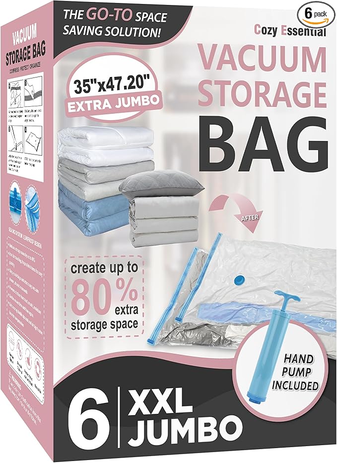 Cozy Essential 6 Pack XXL Jumbo Vacuum Storage Bags, Extra Large Vacuum Seal Bags for Comforters, Bedding, Blanket Storage, Giant Space Saver Bags for Huge Stuffed Toy(47.2x35 in)