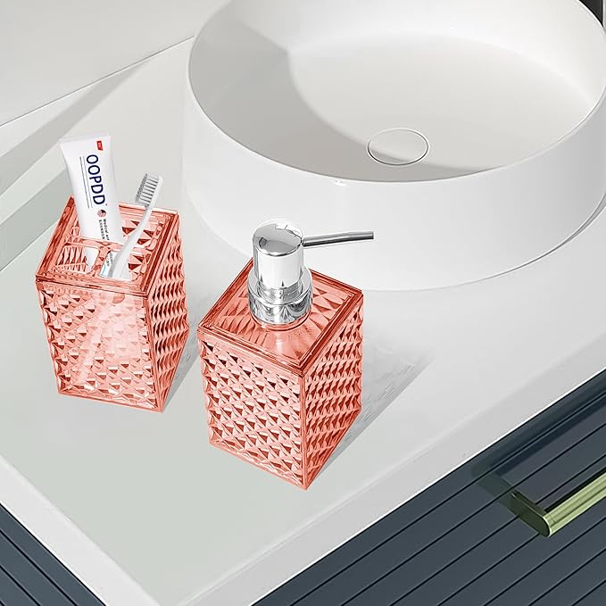 2PCS Light Pink Bathroom Accessories. Contain Soap Dispenser and Toothbrush Holder Set. Boho Bathroom Set for Blue Bathroom Décor