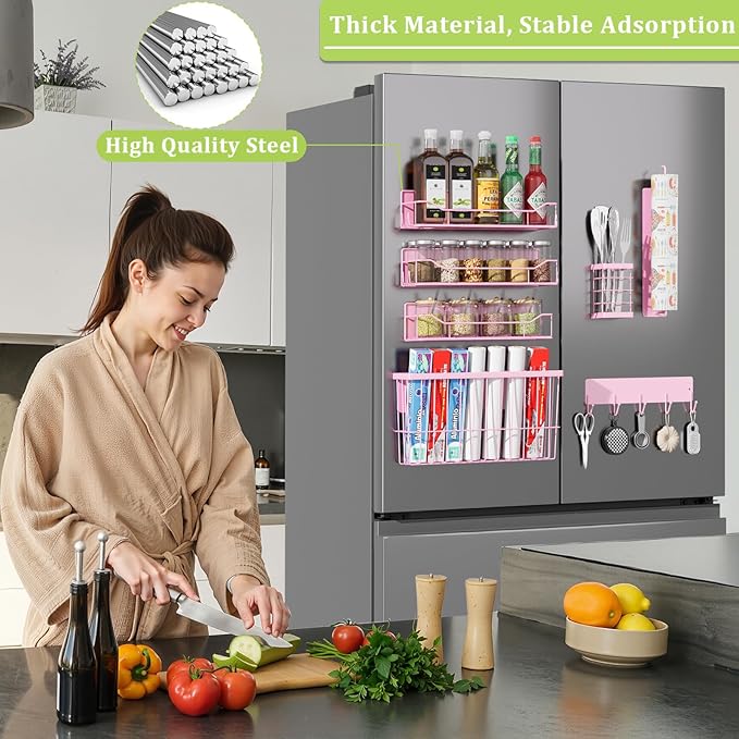 Magnetic Spice Rack for Refrigerator, 7 Pack Magnetic Fridge Shelf for Kitchen Organization Storage, Moveable Spice Organizer W/Paper Towel Holder, Utensil Caddy, Cutting Board Rack (Pink)