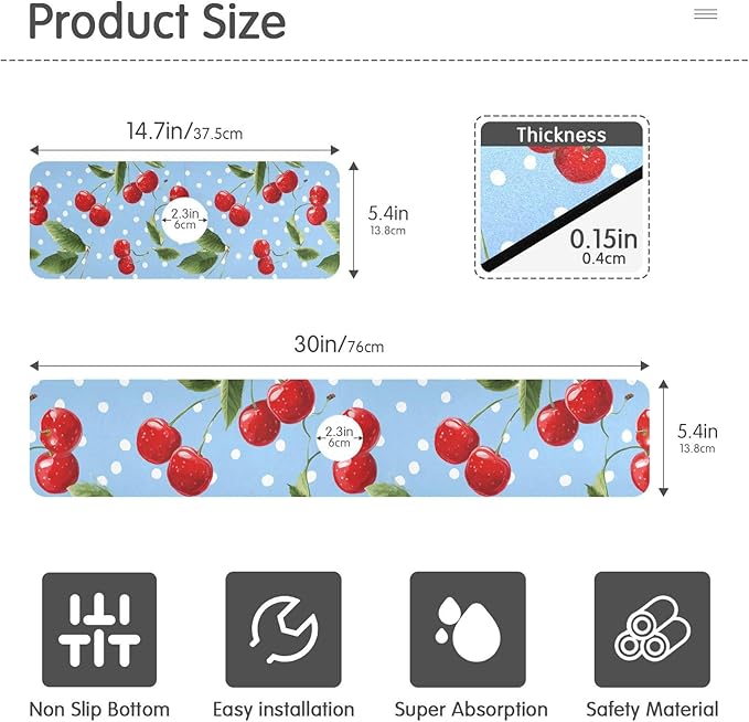 Kitchen Sink Splash Guard 2 PCS 30 Inch Sink Faucet Mat Splash Guard for Bathroom Countertop Water Absorbent Foldable Cuttable Soft Washable Light Blue Dots Red Cherry
