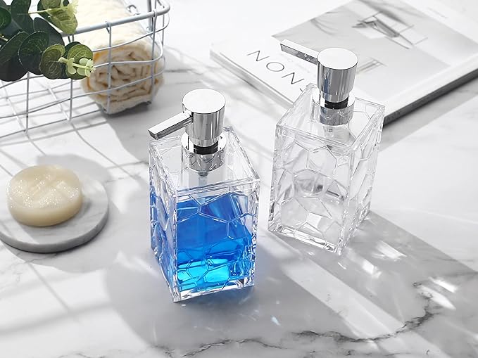 2 Pack Clear Rust Proof Soap Dispenser, Acrylic Plastic Hand Soap Lotion Dispenser Set for Bathroom&Kitchen