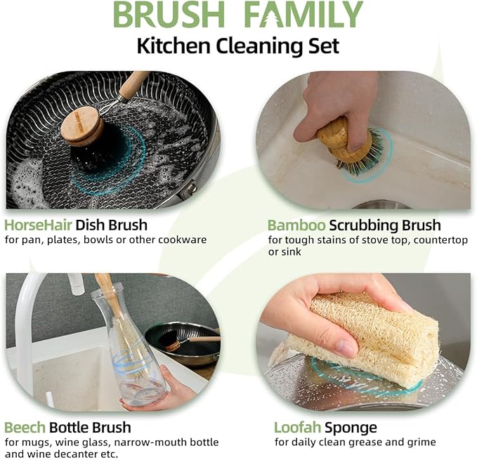 5-Pieces Bamboo Dish Brush Set with Palm Brush, Wooden Handle Dish Scrub Brush, Bottle Scrubber, 2 Loofah Sponge for Dishes, Pans, Bottles, Pots, Vegetables