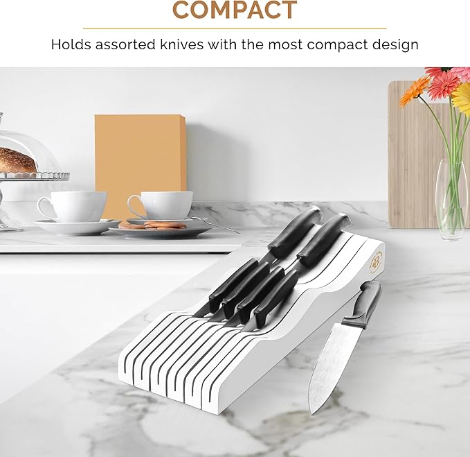 In-Drawer Knife Block - Bamboo Knife Drawer Organizer for Kitchen - Fits 5 Long + 6 Short Knives | Store Knives with Blades Pointing Down - Wooden Steak knife Holder without Knives (White)