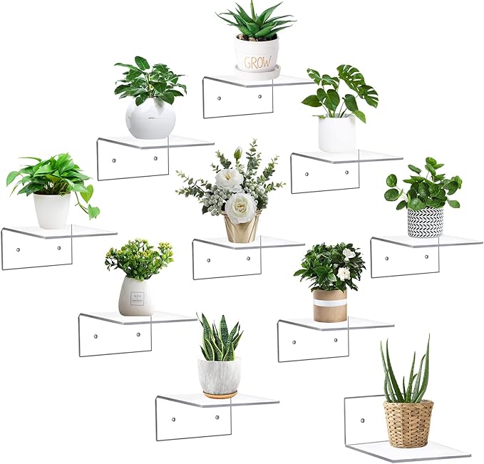 PuzFun 10 Pack Acrylic Floating Shelves for Wall, Wall Mounted Small Hanging Display Shelves for Plants, Funko Pop Figures, Adhesive Shelf for Bedroom, Picture Toy Clear Display Shelf