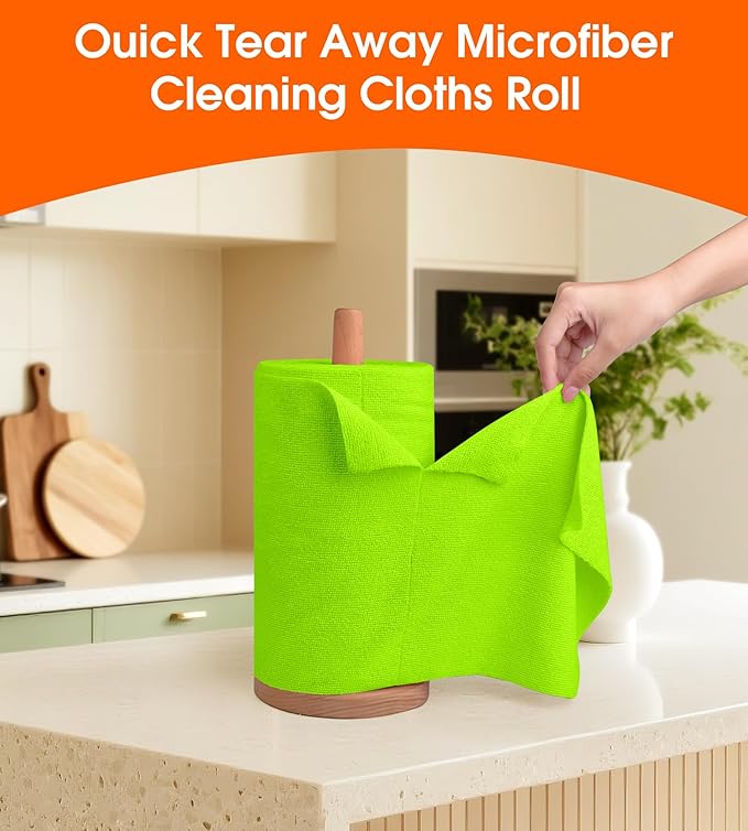 CHAUNCEY HOME Microfiber Cleaning Cloth Roll - 100 Pack Tear Away Microfiber Paper Towels, Reusable, Washable, Scratch-Free, Kitchen Towels for Car, Home, Kitchen, Glass, Dishes (Neon Green)