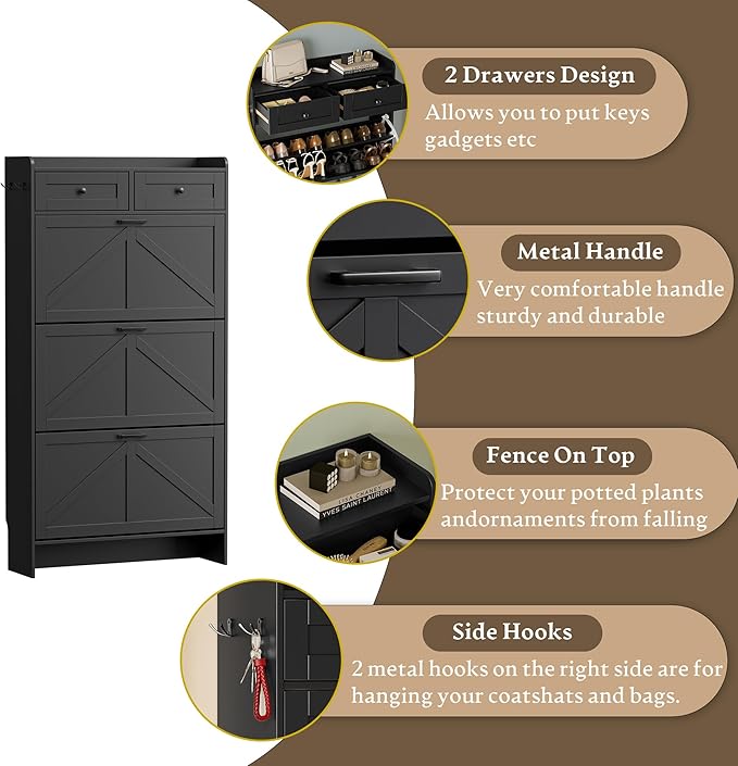 BORNOON Shoe Storage Cabinet for Entryway, Farmhouse Narrow Shoe Cabinet with 3 Flip Drawers & 2 Top Drawers, Adjustable Shelves & Hooks, Freestanding Hidden Rack Organizer for Hallway, Foyer