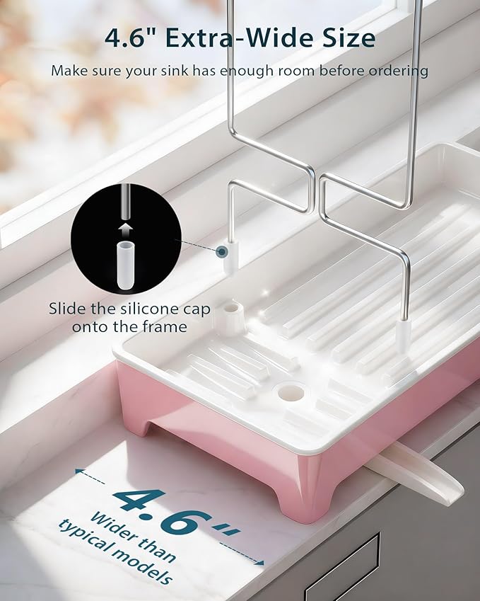 Minimalist Sink Caddy, Rustproof Sponge Holder for Kitchen Sink with 304 Stainless-Steel Brush Holder, Countertop Rack Organizer with Raised Ridges & Silicone Drain Tube (Blush Pink)