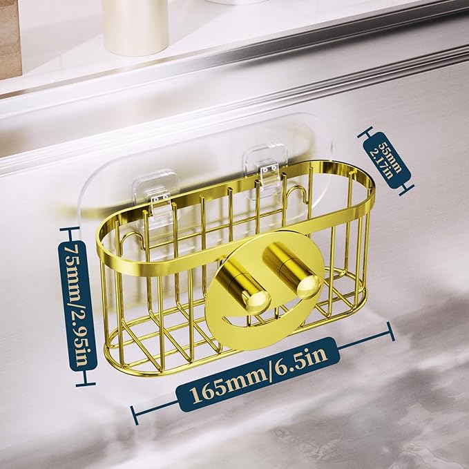 Consumest Sponge Holder Smiley Face - Kitchen Sink Caddy, Sink Organizer with Removable Suction Cups & Adhesive Strips, Suit for Sponge, Soap,Gold