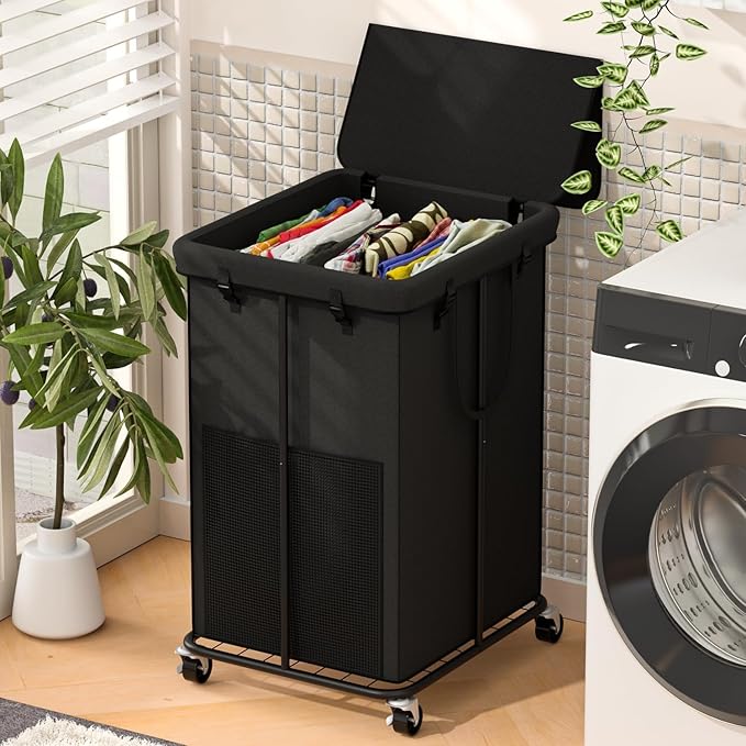 160L Large Laundry Hampers with Lid, Oxford Fabric Laundry Hampers, Metal Frame and Removable Bag Design with Wheels, Suitable for Bedroom, Bathroom, Dorm Room, Laundry Room (Black Lid Rope)