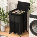 160L Large Laundry Hampers with Lid, Oxford Fabric Laundry Hampers, Metal Frame and Removable Bag Design with Wheels, Suitable for Bedroom, Bathroom, Dorm Room, Laundry Room (Black Lid Rope)