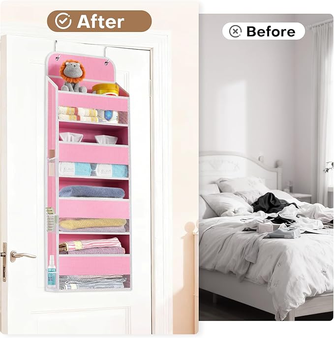 SpaceWhisper Over the Door Organizer, 4 Large Pocket Hanging Storage Organizer with 40lb Capacity, Space Saving for Nursery, Bathroom, Bedroom, Closet - Baby Essentials & Toiletry Organizer (Pink)
