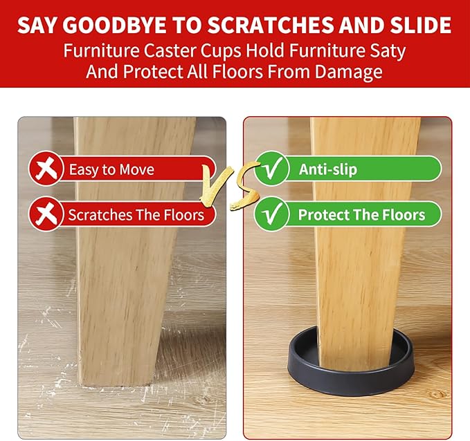 Ezprotekt Non Slip Furniture Pads, 8 Pcs 2.5" Anti Slip Rubber Caster Cups, Anti Skid Furniture Coasters for Hardwood Floors, No Slide Furniture Gripper, Furniture Stoppers to Prevent Sliding (Black)