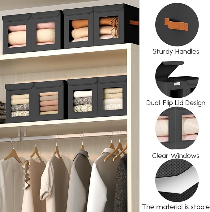 Large Closet Storage Bins - Collapsible Divided Clothes Organizer with Lids & Dual Window, Fabric Organizing Bins for Clothes, Sweater, Bedroom, Office (Black, 2 Pack)