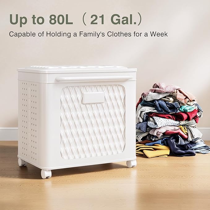 VECELO Rolling Laundry Hamper with Wheels and Lid, Foldable Plastic Laundry Basket with Handle, Rolling Divided Laundry Cart for Small Spaces, Laundry, Bathroom, Bedroom, White