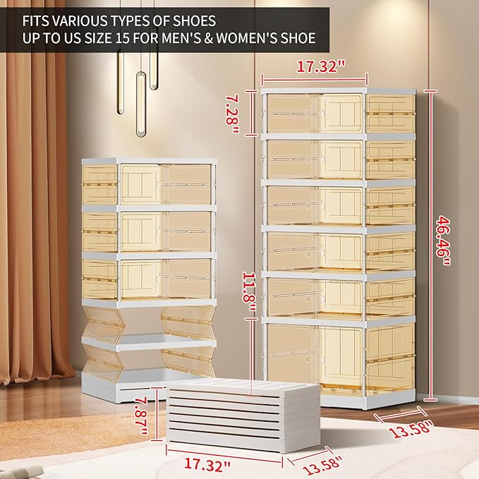 EHAMILY 6 Tiers 6-12 Pairs Foldable Shoe Boxes Large Plastic Shoe Storage Rack Collapsible Shoe Organizer for Closet Tall Shoe Shelf Clear Stackable Shoes Cabinet with Doors Entryway