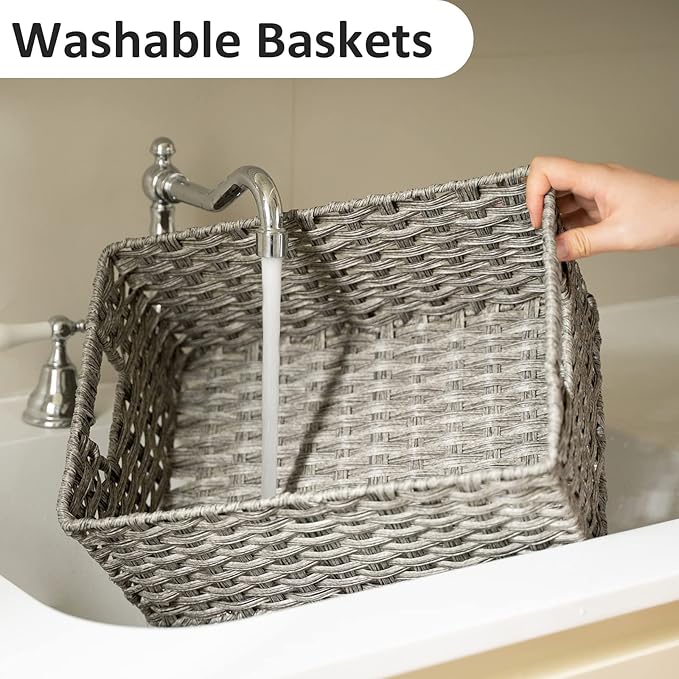 Wicker Baskets 2 Pack, Wicker Storage Basket with Handles, Waterproof Woven Baskets for Organizing, Large Storage Basket 15" and Medium 14", Grey
