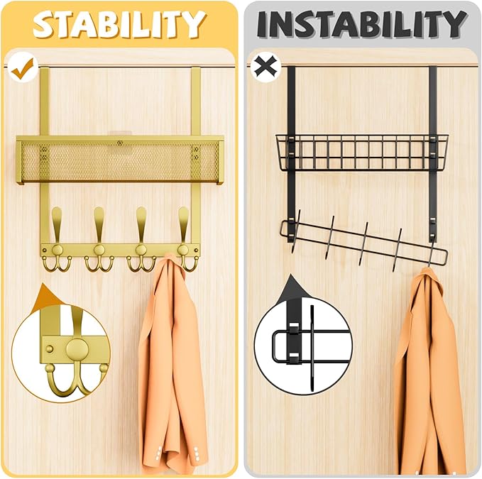 Kaiferty Over The Door Hooks Organizer,Over Door Hanger Towel Rack Mesh Basket with 12 Hooks,Back of Door Storage Organizer for Bedroom,Bathroom,Kitchen,Office(Gold)