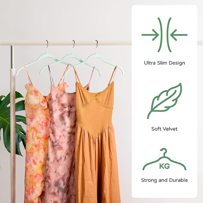 SIshynio 30 Pack Velvet Hangers – Non-Slip Slim Clothes Hangers with 360° Swivel Hook, Space-Saving Flocked Shirt Hangers for Coats, Dresses, Blouses, Suits(Green)