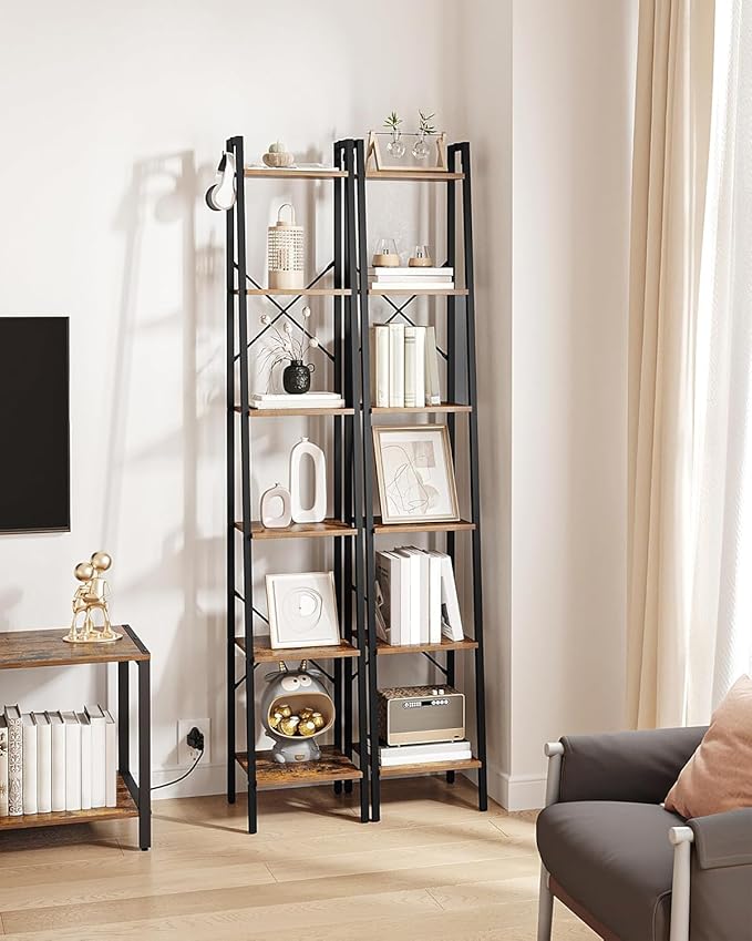 Ladder Shelf, Bookshelf Bookcase, Freestanding Corner Storage Shelve with 2 Hooks for Home Office, Living Room, Kitchen, Bedroom, Industrial, 11.8"D x 13.4"W x 72.8"H, Rustic Brown BC13301B