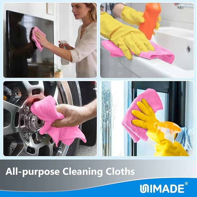 Microfiber Cleaning Cloth, 100 Sheets Microfiber Towels for Cars Commercial Grade Shop Towel Washcloths Lint-Free Bulk Cleaning Rags for Mechanic Restaurant Garage Housekeeping, 11"x 9", Pink