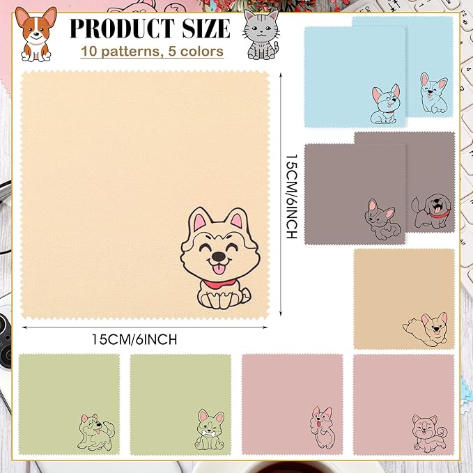 WILLBOND 20 Pcs Microfiber Cleaning Cloth Cute Dog Design Microfiber Cloth Soft Multicolor Glasses Cleaner Cloth for Eyeglasses Camera Lens Cell Phone Screens Glasses, 6 x 6 Inches
