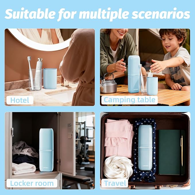 Toothbrush Travel Cup, 4-in-1 Toothbrush Holders with Cover, Portable Tooth Brush Travel Case for Family, Multi-Function Travels Cup, Toothpaste Storage Container (Blue)