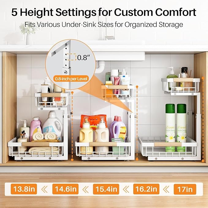 PXRACK 1 Pack Under Sink Organizer,Adjustable Height,2 Tier Pull Out Under Cabinet Organizer,Slide Out Thickened Metal Under Sink Storage for Kitchen Bathroom Laundry Cabinet Pantry,White