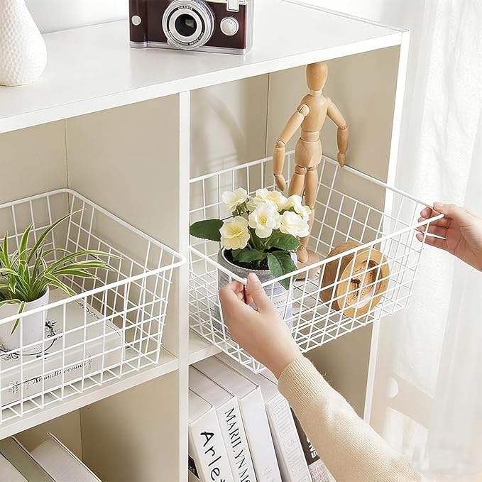 4 Pack White Wire Baskets for Pantry, 11" Upright Wire Freezer Storage Bins with Handles, Small White Metal Storage Basket for Freezer Organizing Office Kitchen Closets