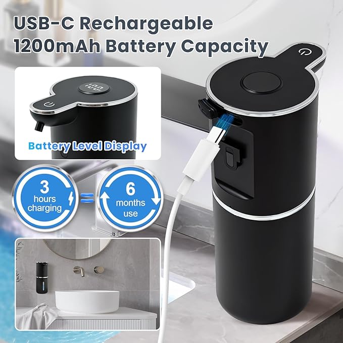Automatic Soap Dispenser, Touchless Liquid Soap Dispensers, USB Rechargeable, 6-Level Adjustable Volume Control, 12.8oz/380ml, Wall Mount for Kitchen, Bathroom, Free Liquid Dispenser Stickers (Black)