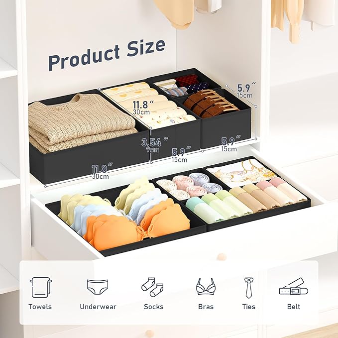DIMJ Drawer Organizer Clothes, 28Pack Dresser Organizer, Foldable Closet Organizers and Storage, Fabric Dresser Bins, Drawer Dividers for Nursery, Baby Clothes, Underwears, Sock,Black