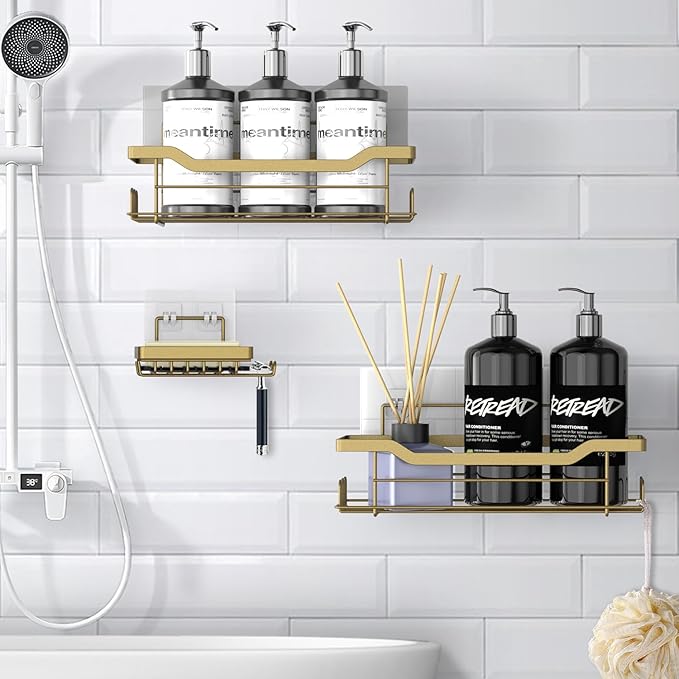 Shower Caddy Shelves Organizer Rack, 3 Pack Shower Caddy with Soap Holder,No Drilling Wall Mounted Self Adhesive Shower Shelves for Inside Shower,Matte Gold