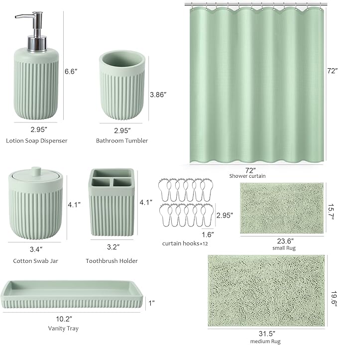 Light Green Bathroom Sets with Shower Curtain and Rugs, 8-Piece Resin Bathroom Accessories Sets Complete, Soap Dispenser, Toothbrush Holder, Tumbler, Tray & Apothecary Jars Bathroom Essentials