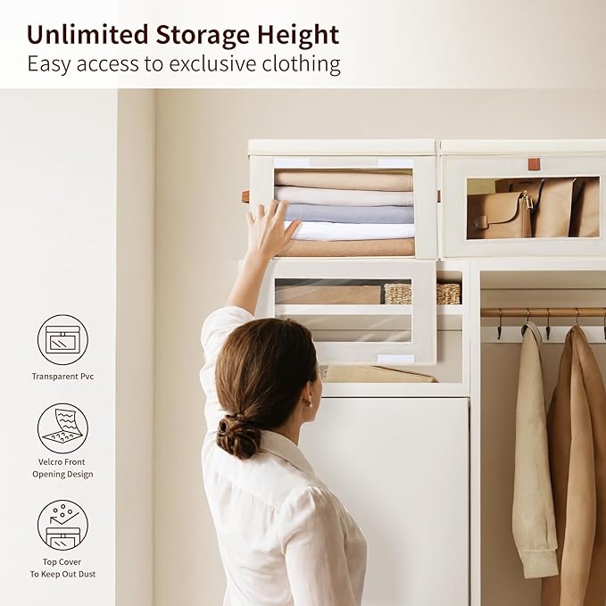 Large Closet Storage Bins - Collapsible Clothing Organizer with Handles & Window, Decorative Bin with Lids, Linen Closet Organizers for Living Room, Dorm, 8 Pack, Beige