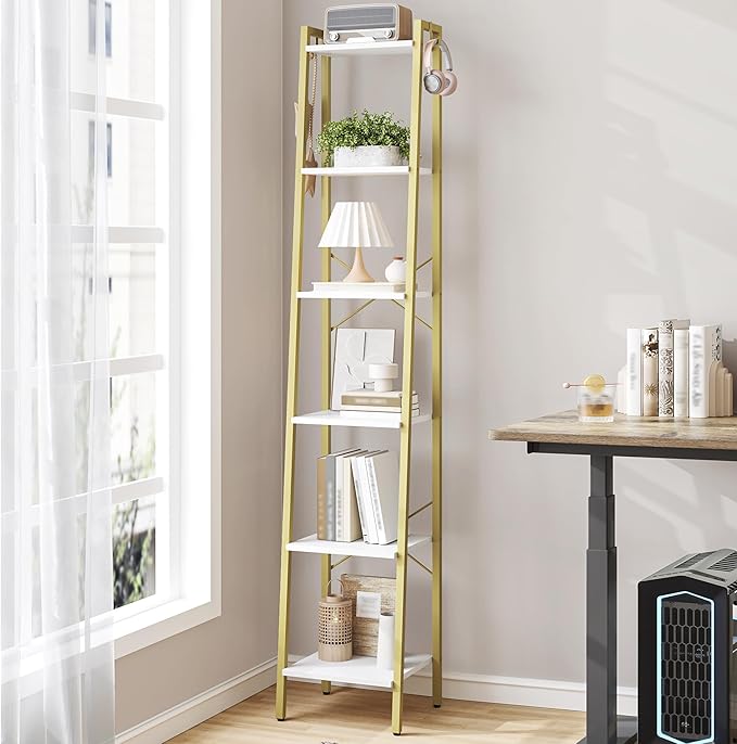 Ladder Shelf, Bookshelf Bookcase, Freestanding Corner Storage Shelve with 2 Hooks for Home Office, Living Room, Kitchen, Bedroom, Industrial, 11.8" D x 13.4" W x 72.8" H,White Gold BC13313G