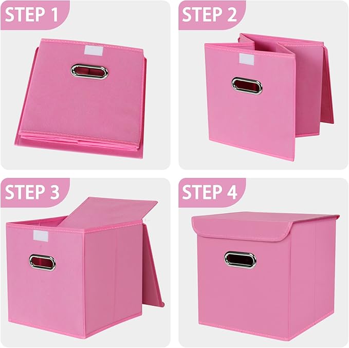 Closet Organizers Fabric Storage Bins With Lids Collapsible Cube Storage Organizer Basket With Handles,Storage Boxes for Clothes Storage,Office,Laundry,Shelves,6 Pack,（Pink）