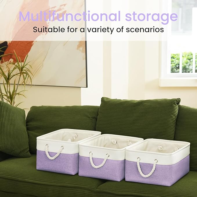 Large Storage Baskets- 15.7x11.8x8.26 inch Storage Bins for Shelves and Closet Organizing, Foldable Fabric Bin for Home Organization Clothes and Laundry (3-Pack, White&Purple)