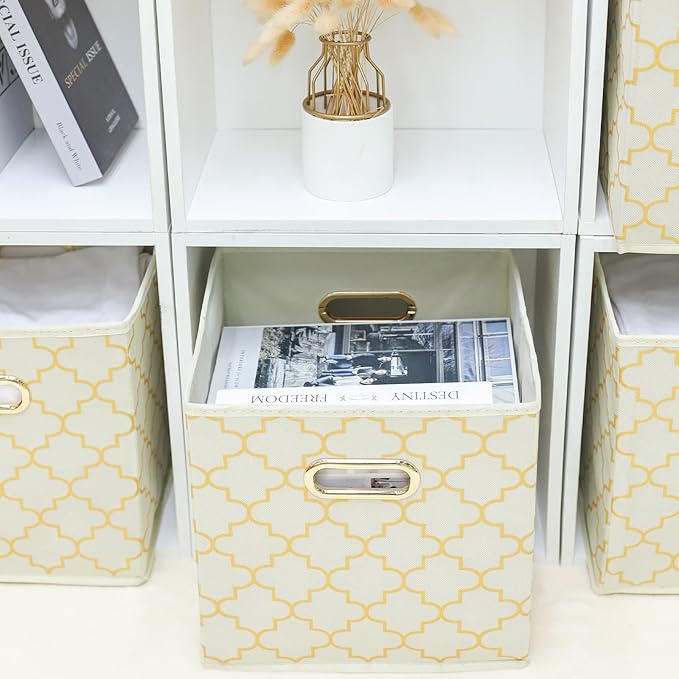 Fabric storage bins Cubes, Fabric Cube Organizer with Handle, Foldable Cube Bins for Cloth or Accessary Storage, 11x11x11, Set of 3, (Creamy-White Gold)