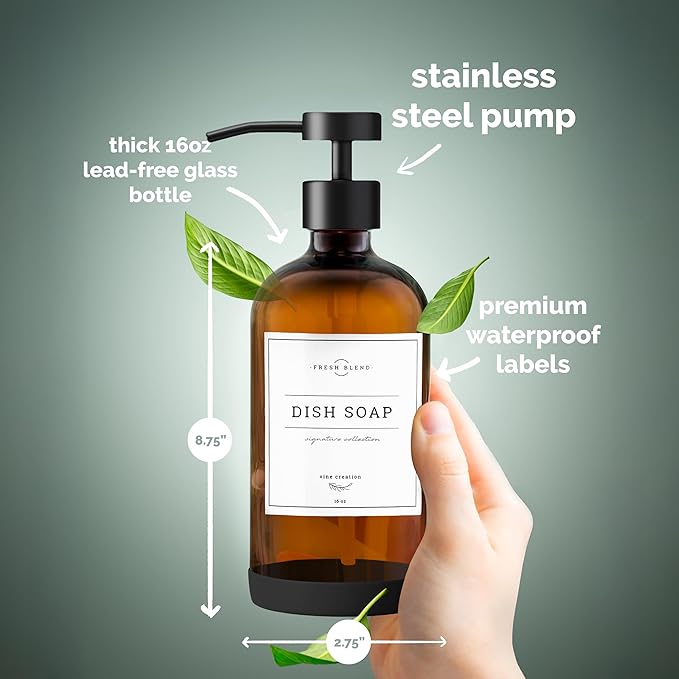 Vine Creations Amber Glass Soap Dispenser Set - Kitchen Soap Dispenser Set with Stainless Steel Pump - 16 oz Dish Soap and Hand Soap Dispensers for Bathroom with Silicone Pad & Waterproof Labels