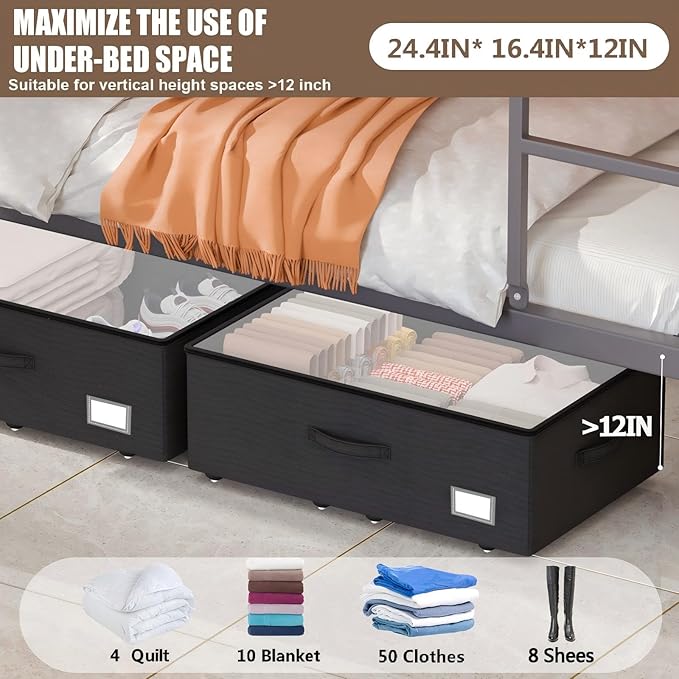 EE-RoomWorld Underbed Storage With Wheels, No Assemble Required 12 inches Height Under bed Storage Bins,Large Capacity Rolling Shoe Storage Containers，Dorm clothes Storage