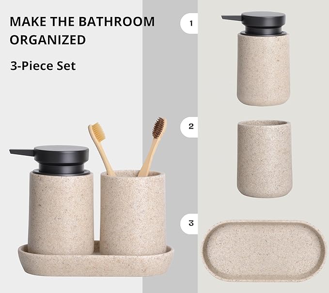 3 Pcs Bathroom Accessories Set, Liquid Soap Dispenser with Large Pump, Toothbrush Holder Cup and Soap Dish, Sandstone Texture Bathroom Counter Set for Modern Home (Beige)
