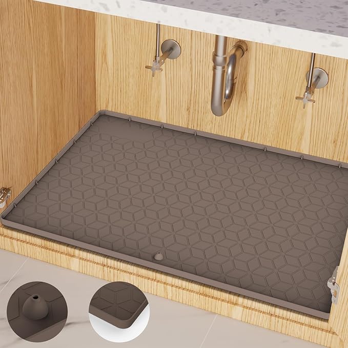 Under Sink Mat for Kitchen, Silicone Waterproof Liner, Flexible Organizer Tray with Drain Hole, 3.7 Gallons Capacity, Easy to Clean