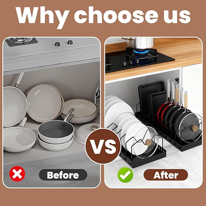 2 Pcs Pots and Pans Organizer Under Cabinet - Expandable Pull Out Cabinet Organizer for Pots and Pans, Pan and Lid Organizers Inside Cabinet, Adjustable Storage Rack (BLACK)