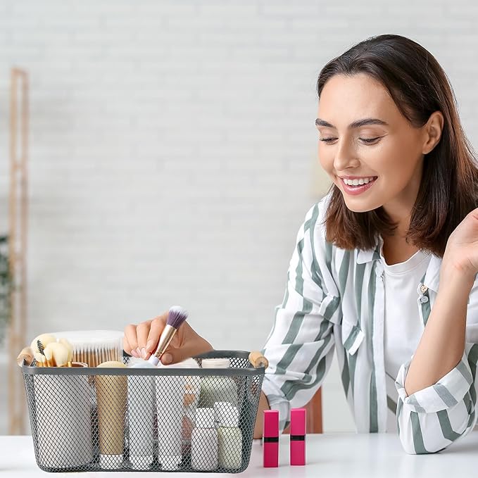 4 Pcs Metal Wire Basket with Wooden Handles Mesh Steel Storage Organizer Bin Containers for Home Organizing Cabinet Pantry Closet Kitchen Fridge Fruit Makeup Snacks Gifts(Medium,Dark Gray)