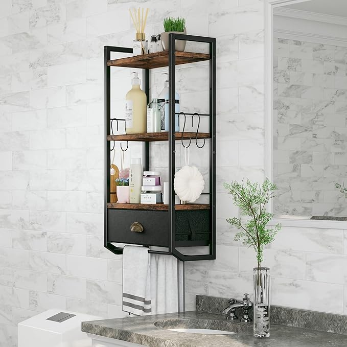 Bathroom Storage Organizer Wall Mounted, 3 Tier Bathroom Towel Rack Shelf with Storage Drawer Double Towel Bars and Hooks, Industrial Bathroom Shelves Over Toilet, Rustic Black and Brown (A)
