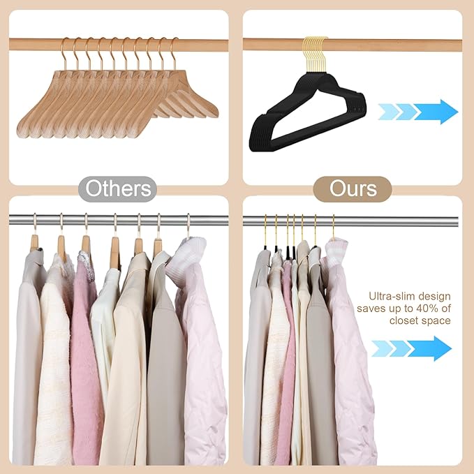 TIMMY 36-Pack Velvet Hangers with Gold Hooks - Space-Saving Non-Slip Heavy-Duty Clothes Hangers for Coats, Suits, Dresses, and Sweaters - Slim Design(Black+Gold)
